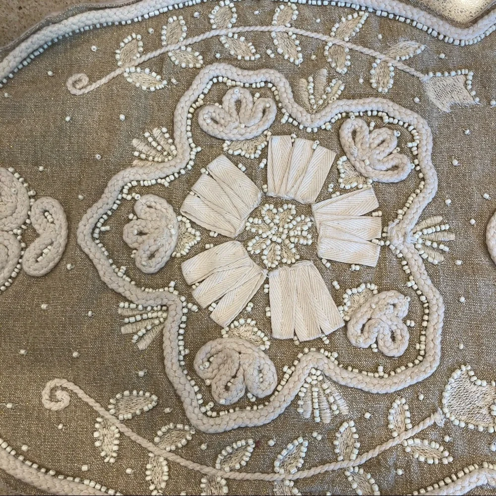 Pier 1 Table Runner‎ Beaded Embroidered Floral Tan 36.5” Long